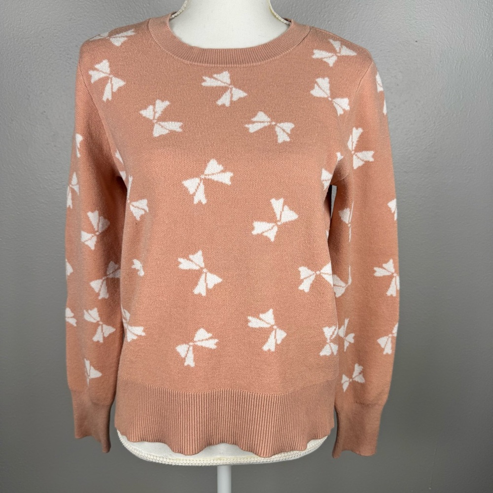 CeCe Women’s Small Pink Bow Sweater All Over Bow Print Long Sleeve Coquette